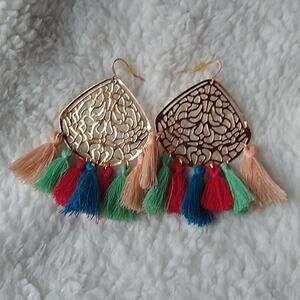 Gold Tone Multi Colored Tassel Boho Earrings